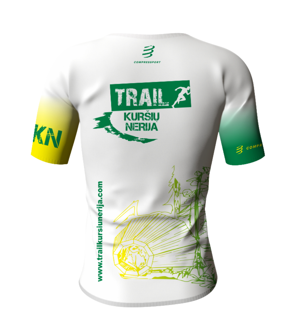 White sports jersey with green and yellow accents on a white background