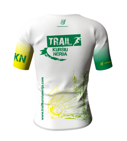 White sports jersey with green and yellow accents on a white background