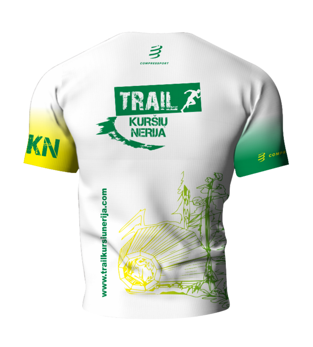 White cycling jersey with green and yellow accents featuring branding and text on a white background