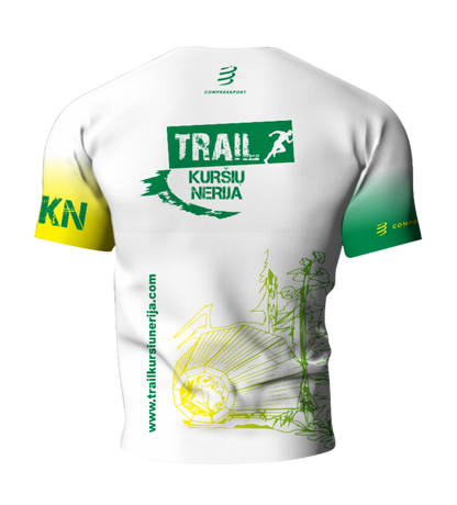 White cycling jersey with green and yellow accents featuring branding and text on a white background