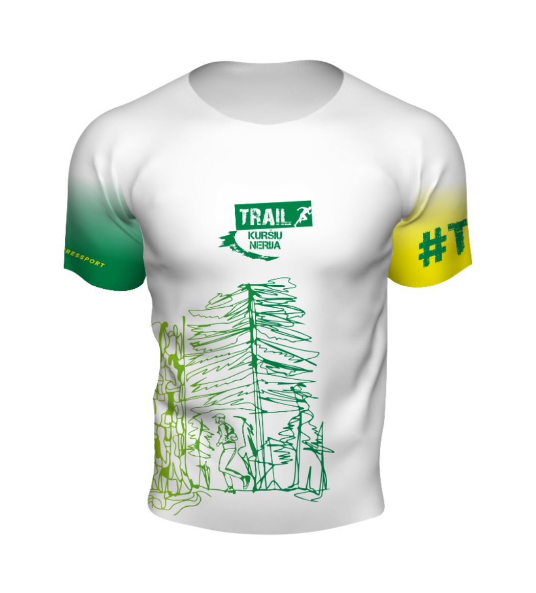 White t-shirt with green and yellow design elements on a white background