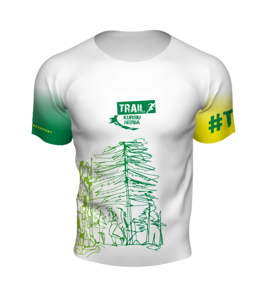 White t-shirt with green and yellow design elements on a white background