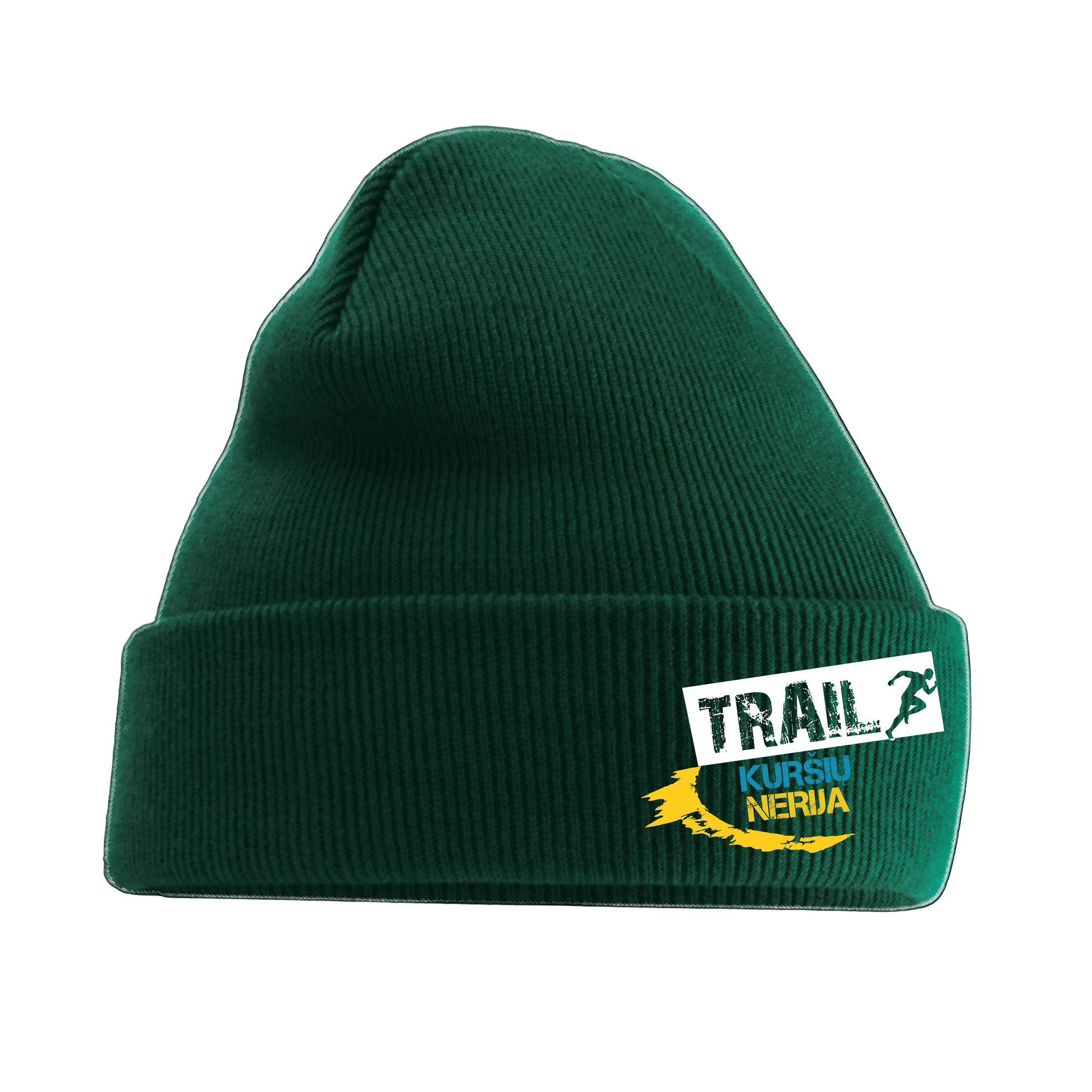 Green beanie with 'Trail Kursiu Nerija' logo 