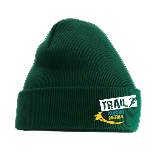 Green beanie with 'Trail Kursiu Nerija' logo 