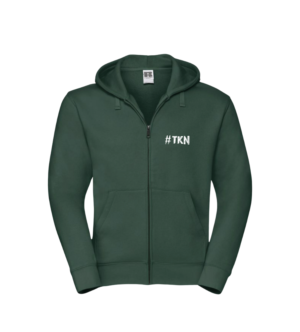 Green hoodie with '#TKN' logo on a white background
