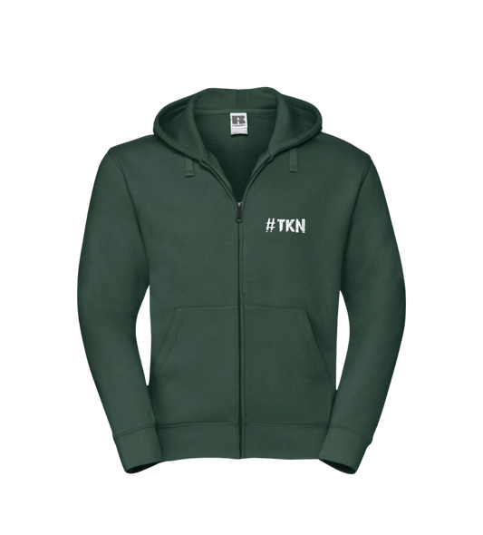 Green hoodie with '#TKN' logo on a white background