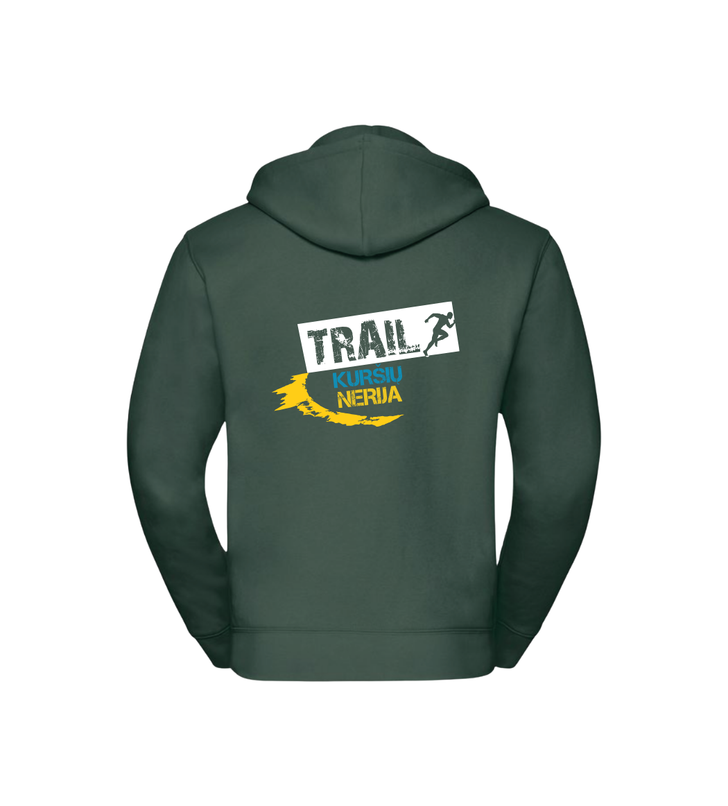 Green hoodie with 'Trail NERIA' logo on the back against a black background