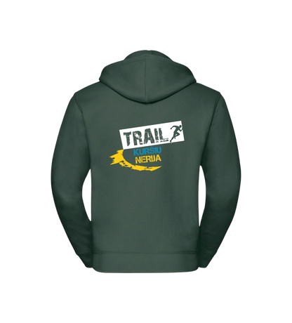 Green hoodie with 'Trail NERIA' logo on the back against a black background