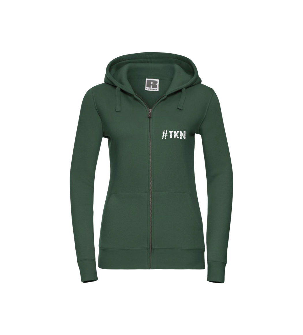 Green hoodie with '#TKN' text on a white background