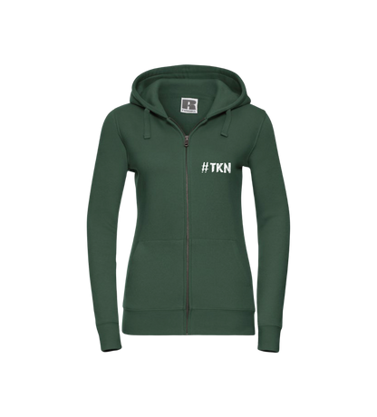 Green hoodie with '#TKN' text on a white background