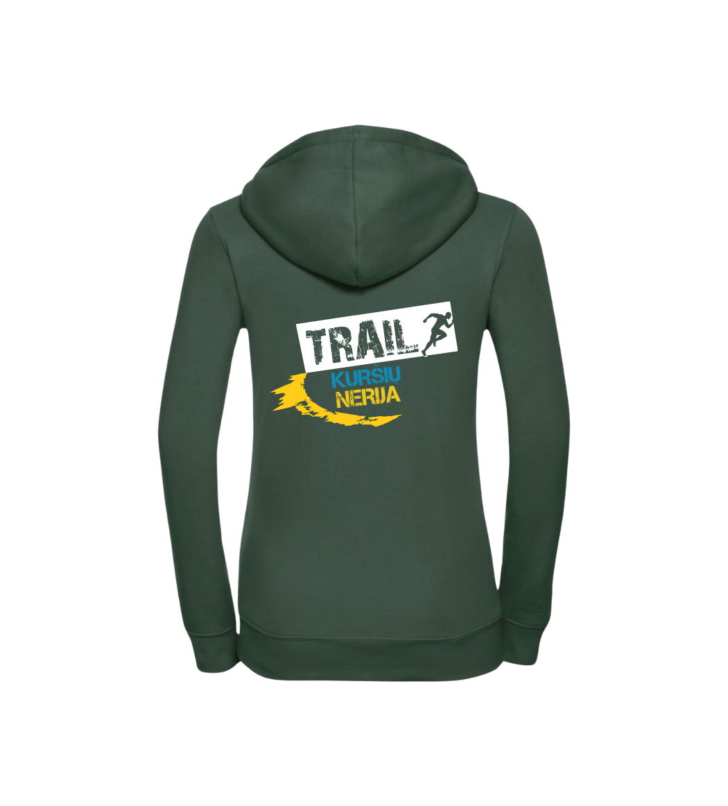 Green hoodie with 'Trail Neria' logo on the back against a white background