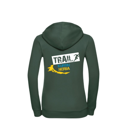 Green hoodie with 'Trail Neria' logo on the back against a white background